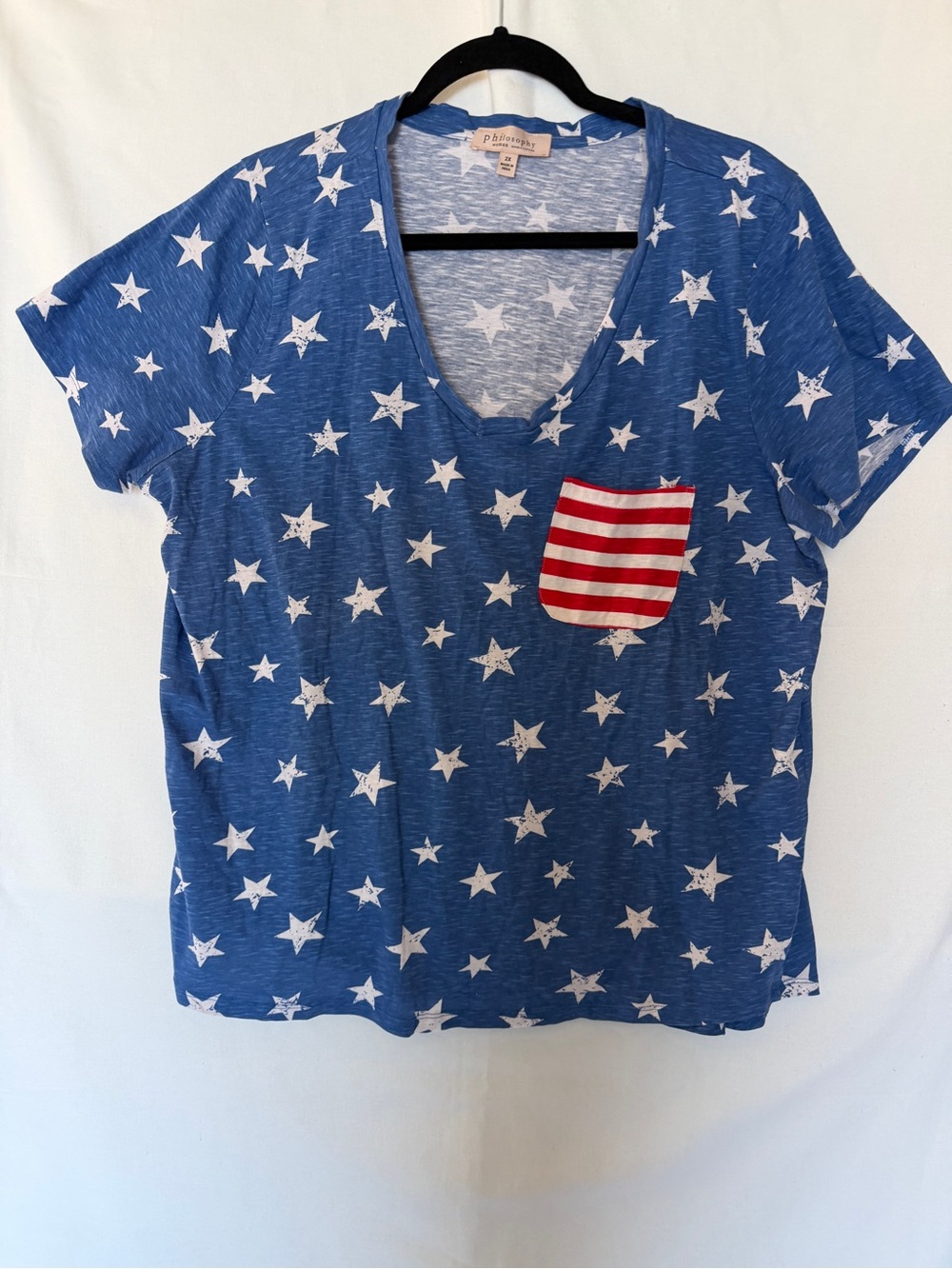 Philosophy  Blue Star Print Top with Striped Pocket Detail 2X